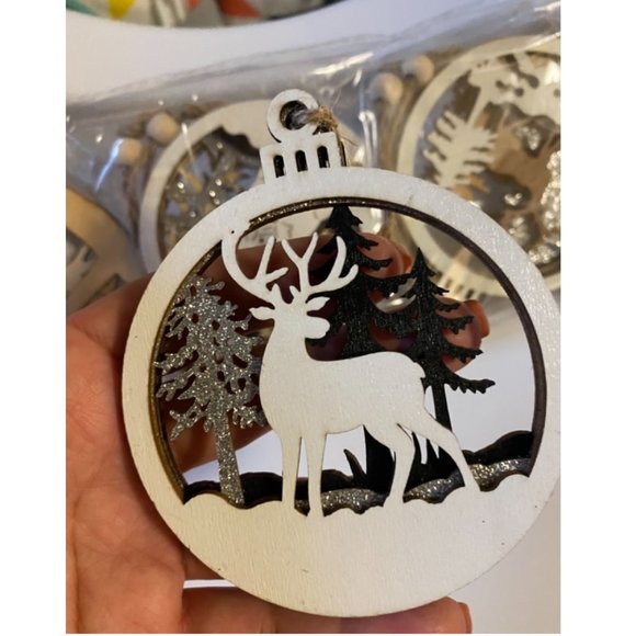 Wooden Christmas Ornaments Xmas Holiday Cabin Decor Deer Tree Decorations 6pc - Picture 9 of 11